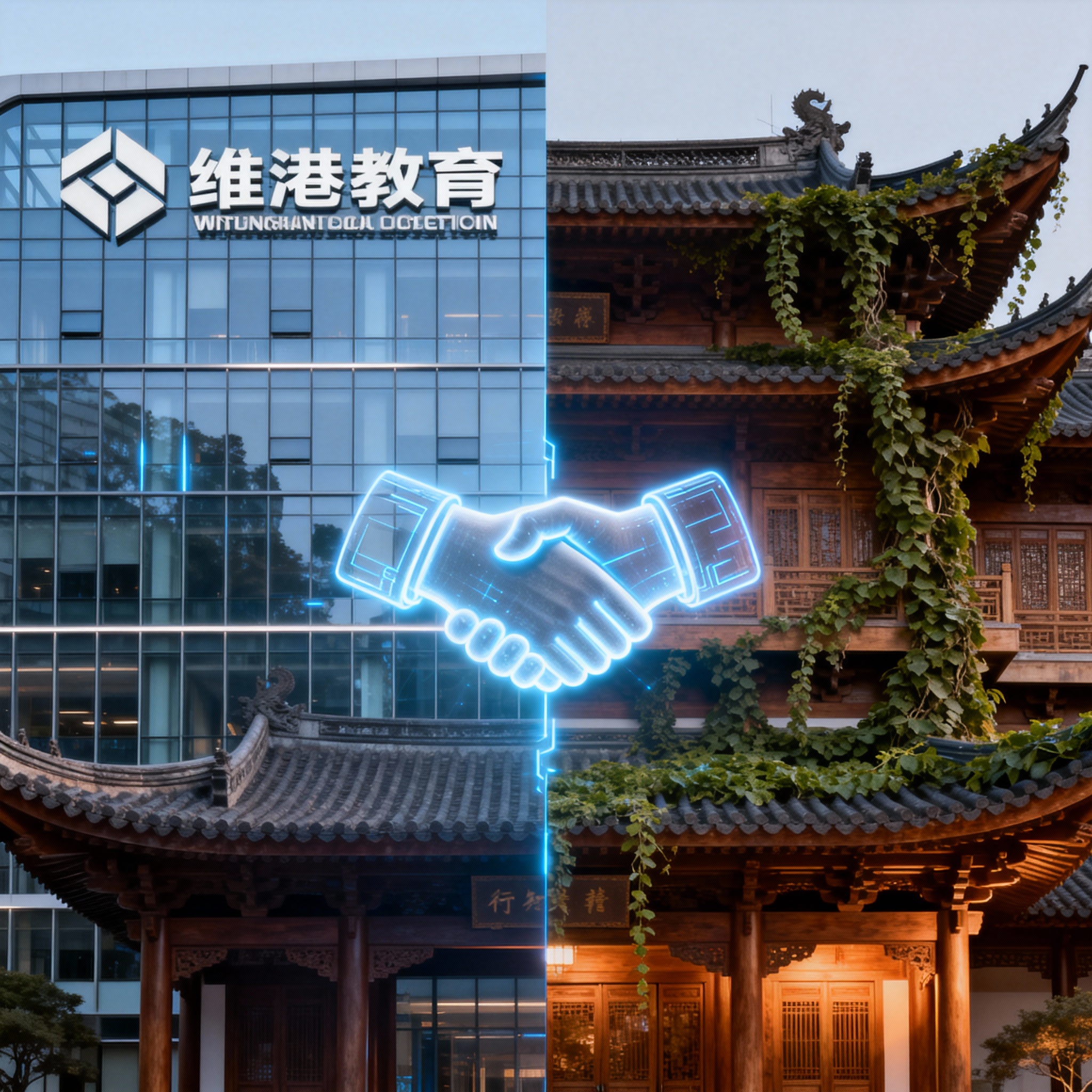 代表合作双方的学校建筑融合图