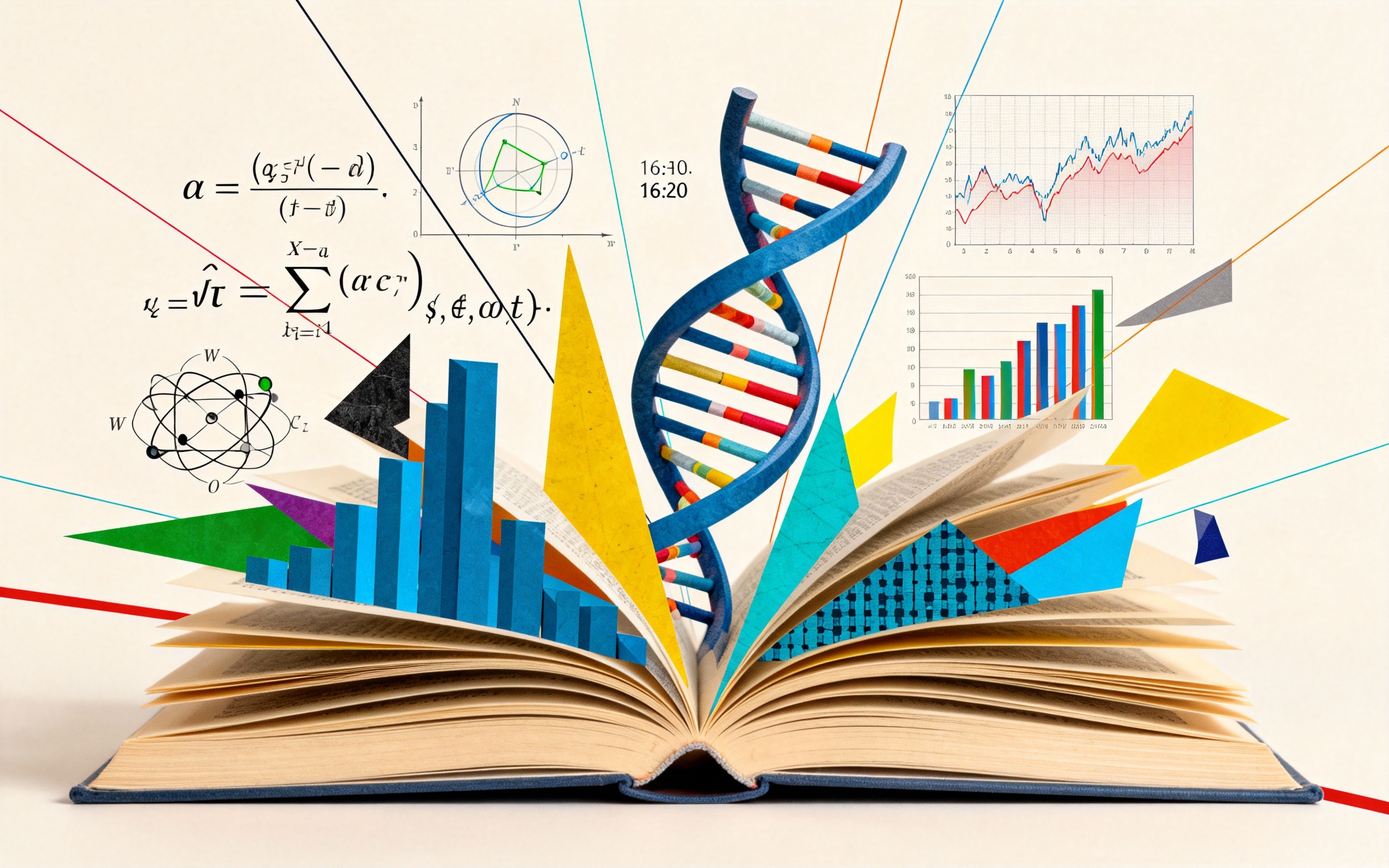 多学科书籍和符号的创意拼贴